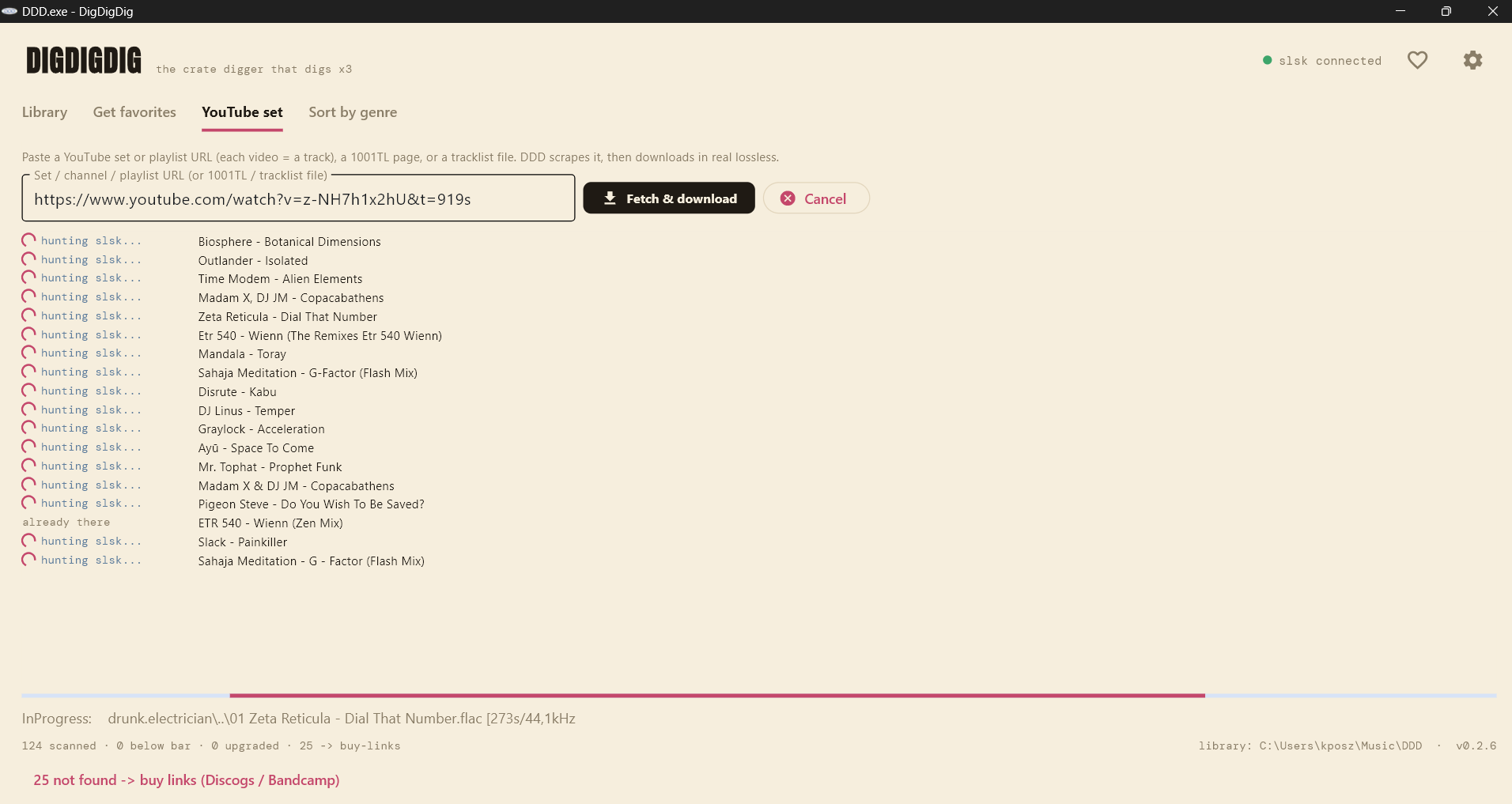 YouTube set tab: paste a set or playlist URL
