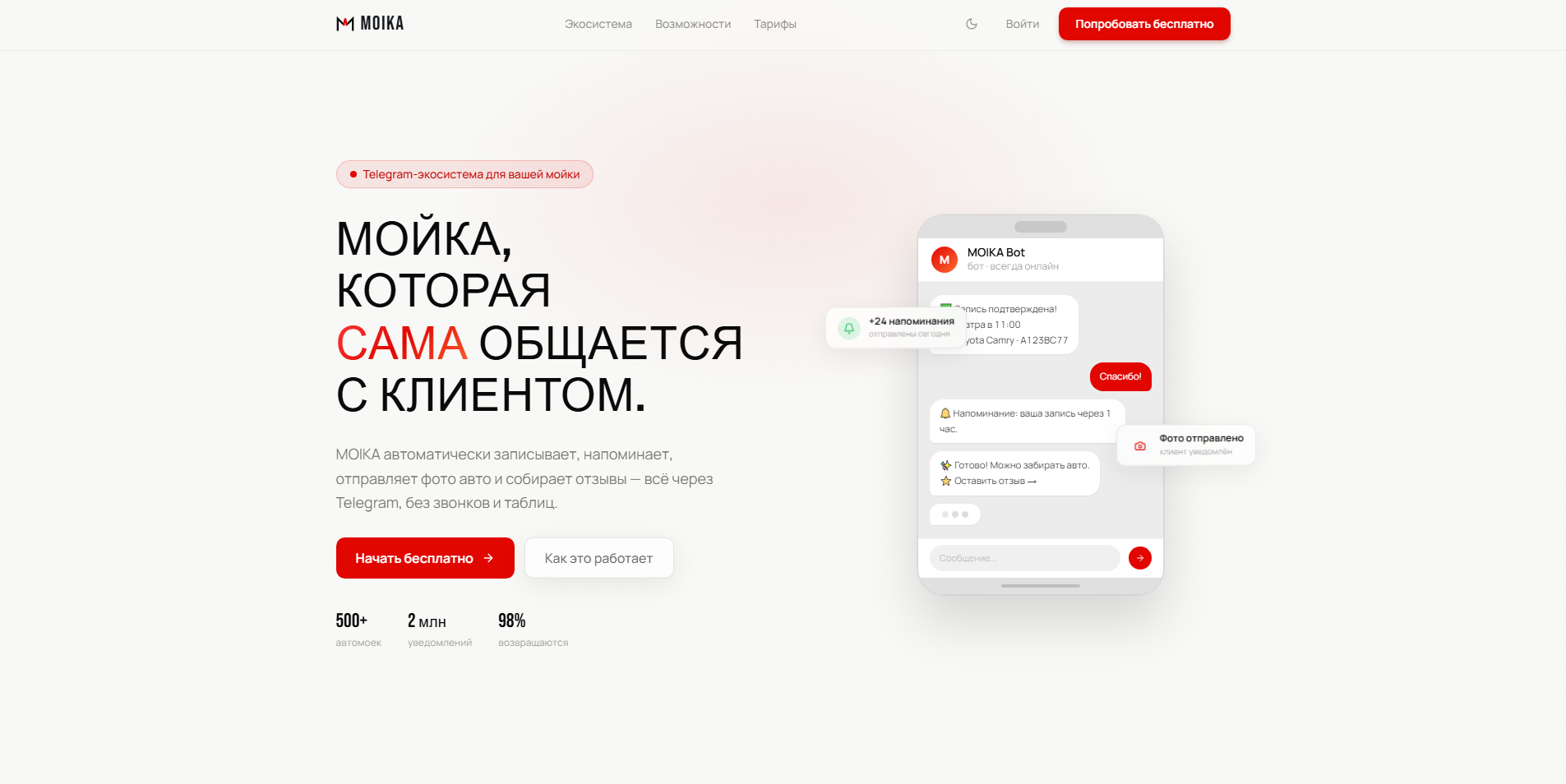 Page d'accueil de moika.tech : SaaS de réservation Telegram pour stations de lavage auto, en russe, avec claims chiffrés et mockup d'app.